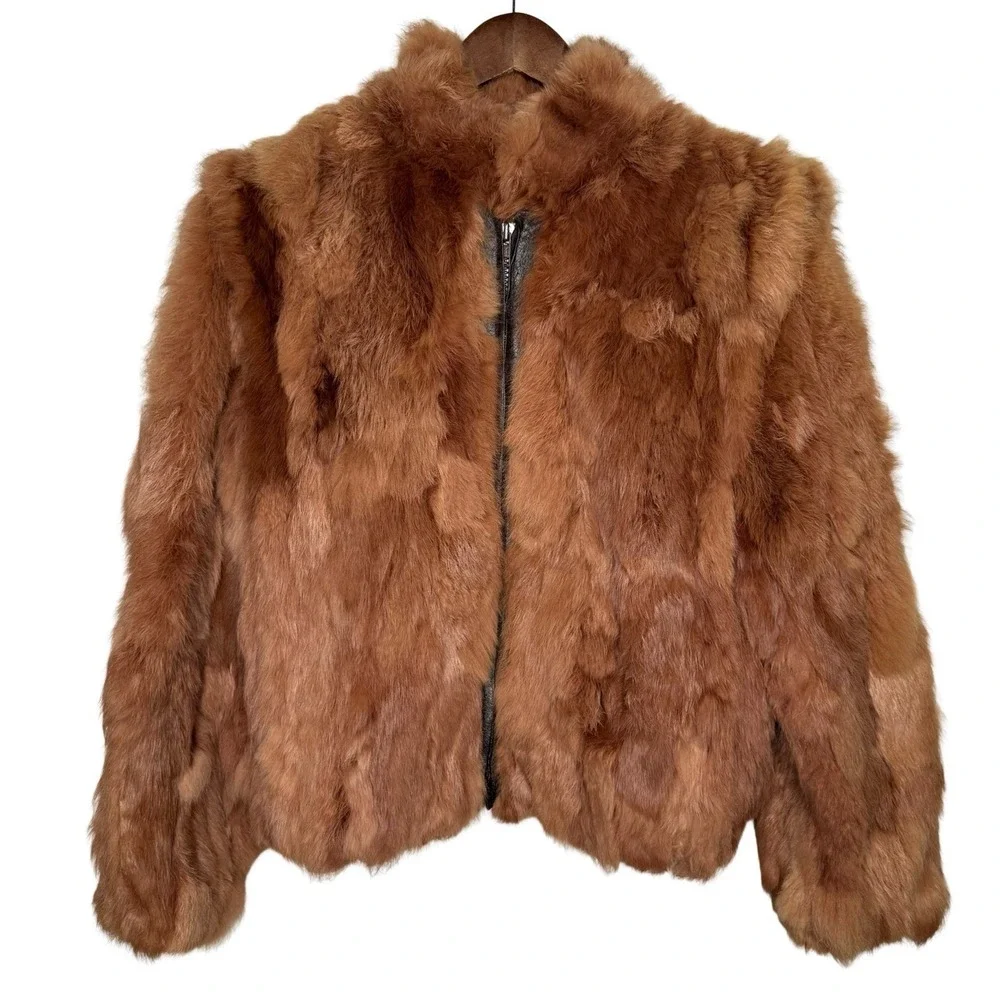 Vintage Genuine Rabbit Fur Coat Jacket Small Made In Korea Variegated RN66109